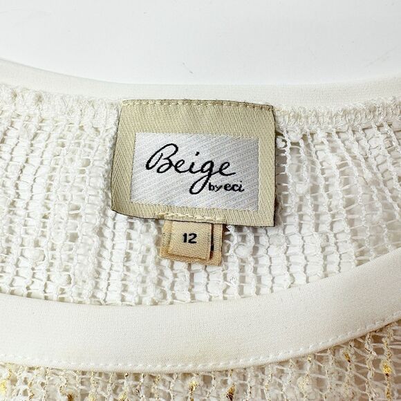 Beige By ECI Womens Sz 12 Sheer Open Weave Top Gold Sparkles Long Sleeve Holiday - Picture 4 of 8